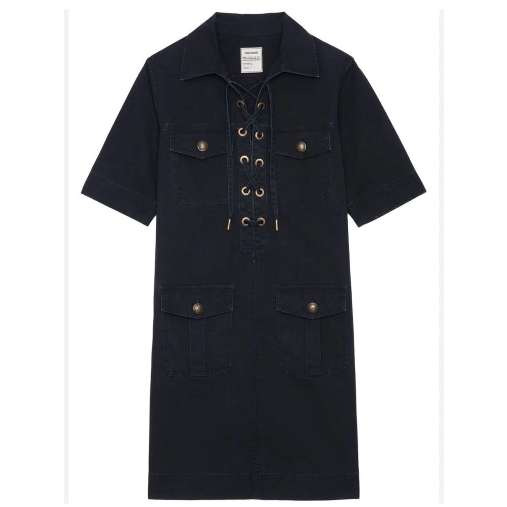 Zadig & Voltaire Lace up Utility Mini Sporty Shirt Dress in black cotton